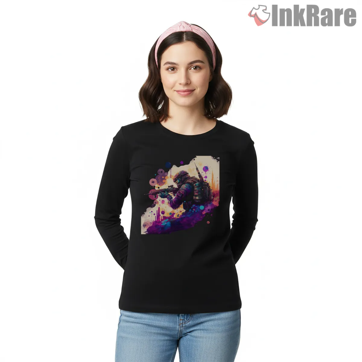 Call Of Duty Watercolor Soldier Artistic Combat Long Sleeve Black Call Of Duty Watercolor Soldier Artistic Combat Shirt on black long sleeve shirt for women graphic tee