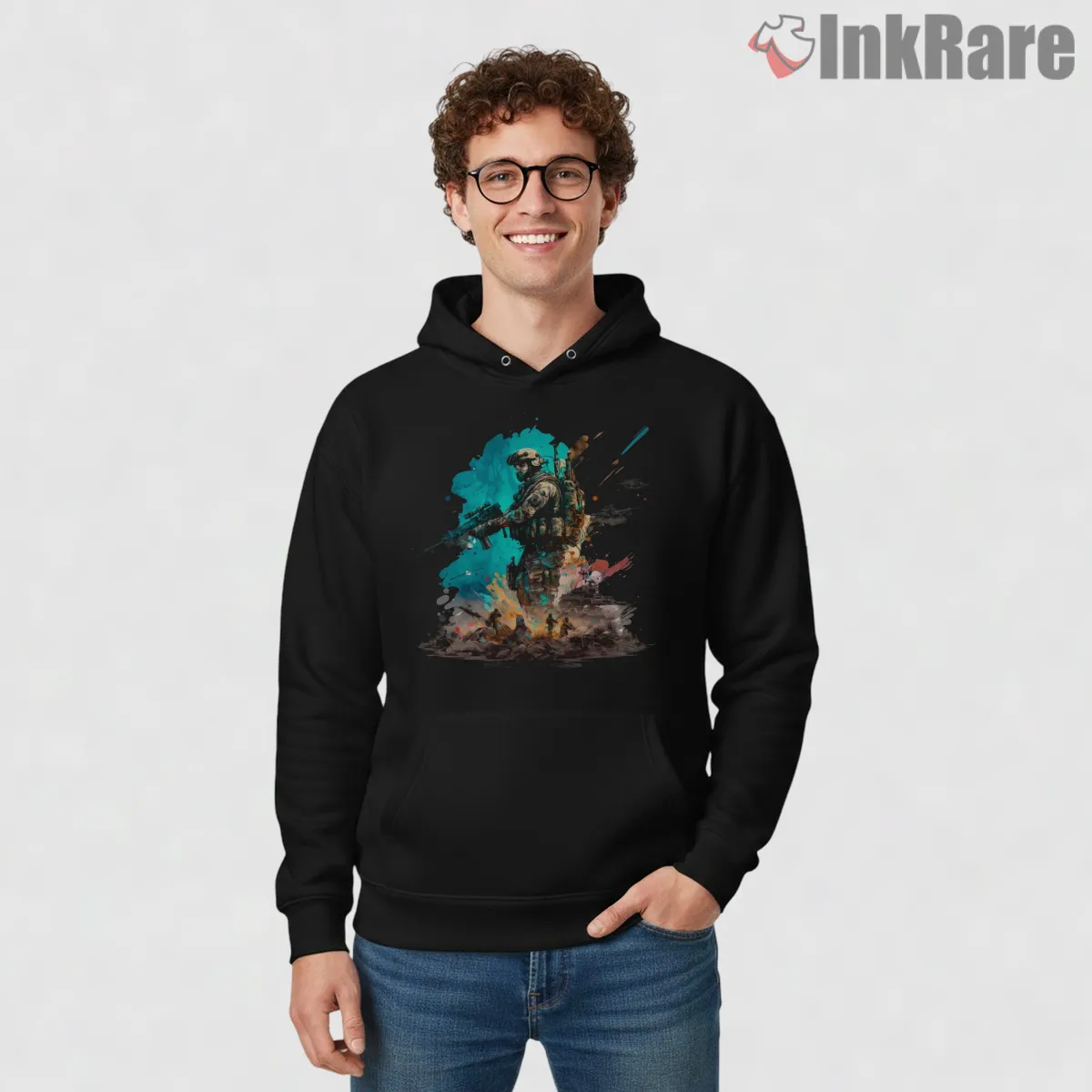 Call Of Duty Watercolor Soldier Splash Art Shirt on black hoodie for men graphic tee