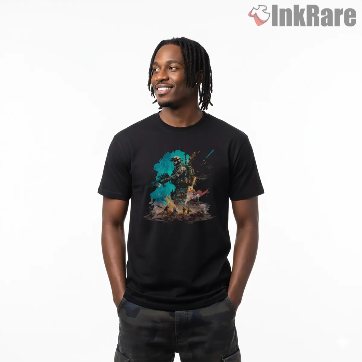 Call Of Duty Watercolor Soldier Splash Art Short Sleeve Black Call Of Duty Watercolor Soldier Splash Art Shirt on black short sleeve shirt for men graphic tee