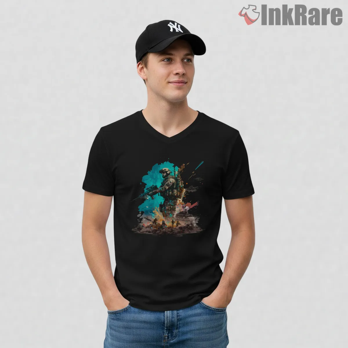Call Of Duty Watercolor Soldier Splash Art V Neck Black Call Of Duty Watercolor Soldier Splash Art Shirt on black v-neck shirt for men graphic tee