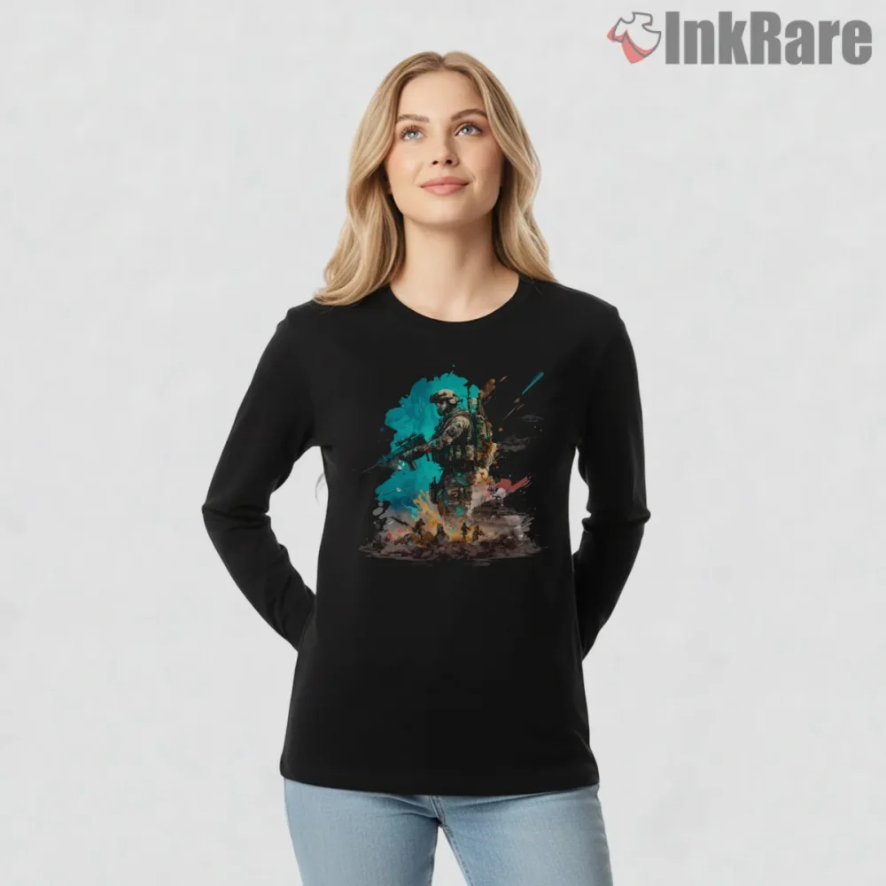 Call Of Duty Watercolor Soldier Splash Art Shirt on black long sleeve shirt for women graphic tee