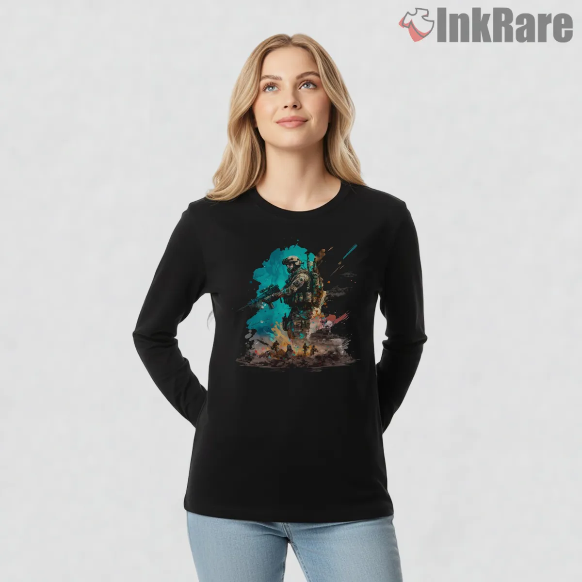 Call Of Duty Watercolor Soldier Splash Art Long Sleeve Black Call Of Duty Watercolor Soldier Splash Art Shirt on black long sleeve shirt for women graphic tee