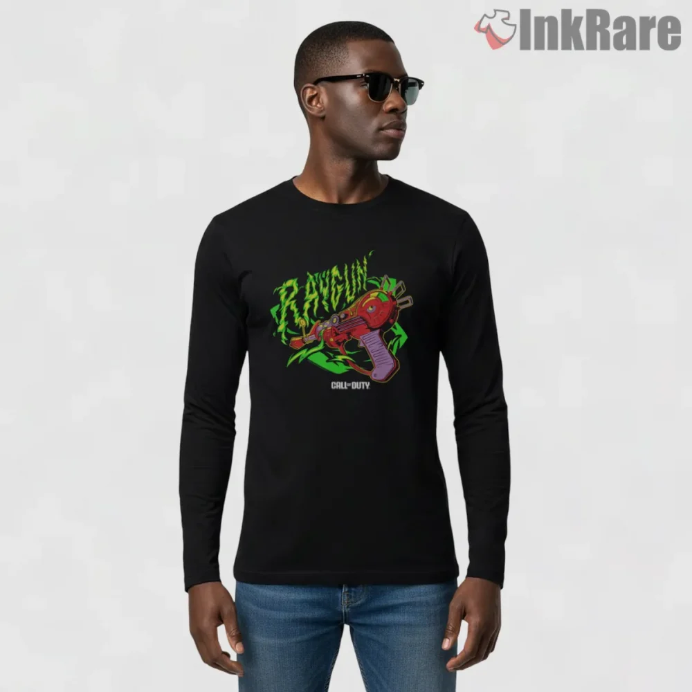 Call Of Duty Zombies Ray Gun Neon Retro Weapon Shirt on black long sleeve shirt for men graphic tee