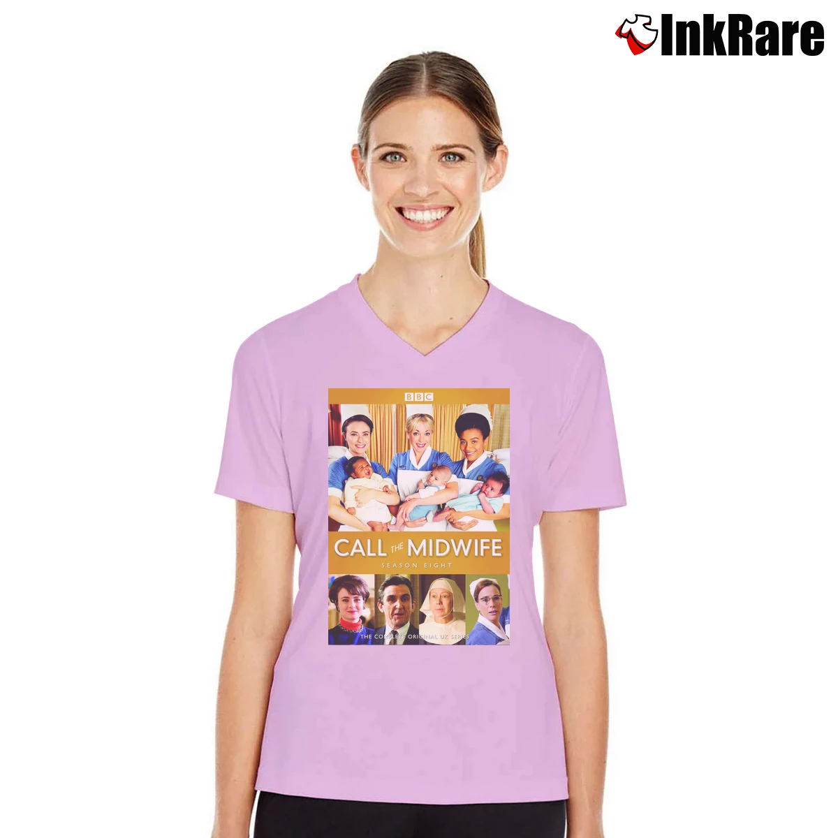 Women’s Call The Midwife Season 8 V-Neck Tee in light pink | Chic Neckline, Soft Texture