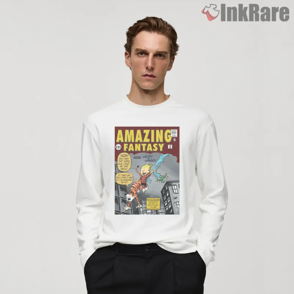 Calvin And Hobbes Amazing Fantasy Parody Shirt on white long sleeve shirt for men graphic tee