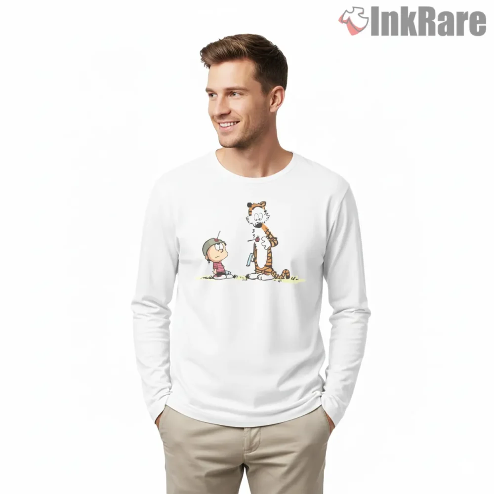 Calvin And Hobbes Backyard Helmet Patrol Shirt on white long sleeve shirt for men graphic tee