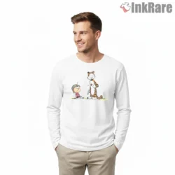 Calvin And Hobbes Backyard Helmet Patrol Shirt on white long sleeve shirt for men graphic tee
