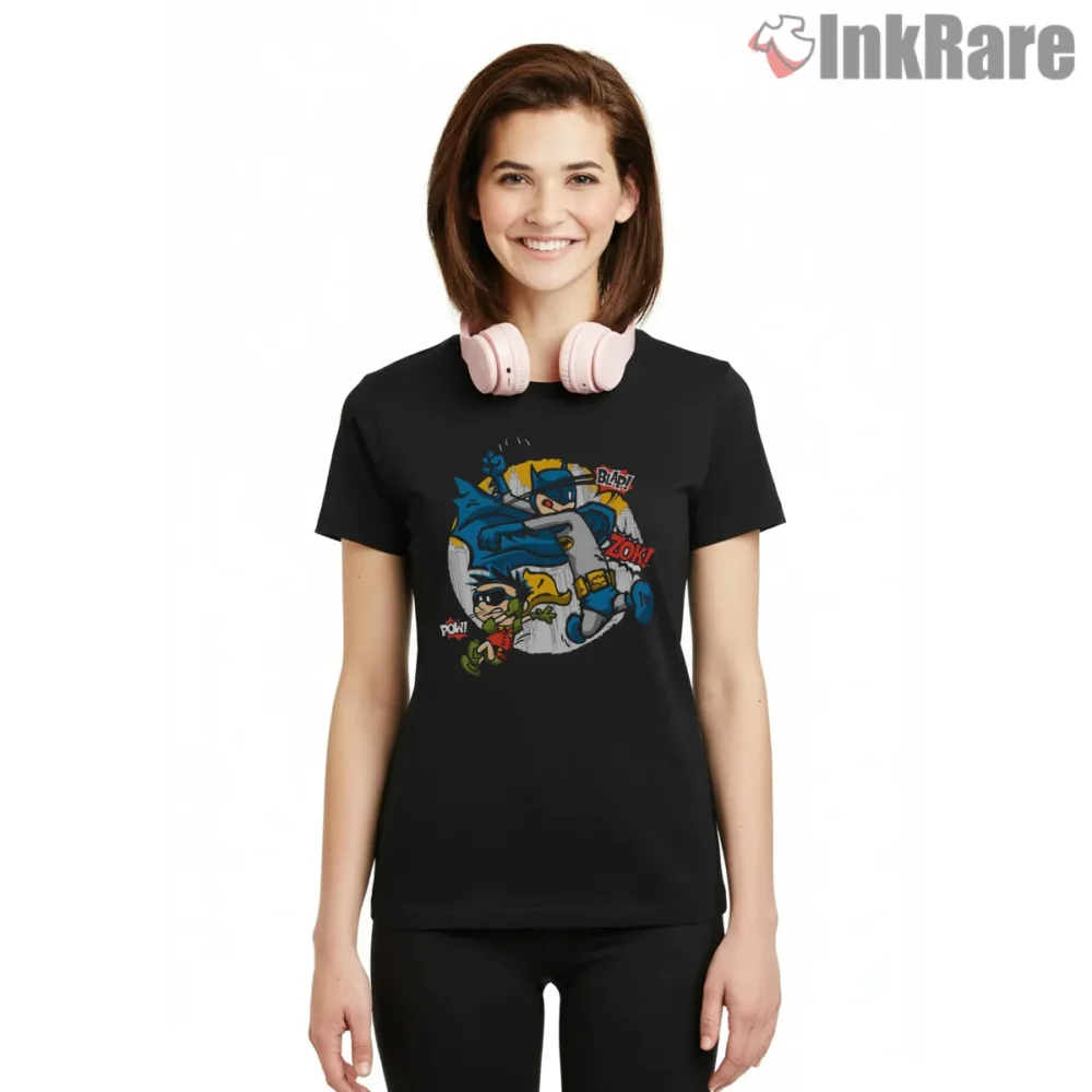 Calvin And Hobbes Batman And Robin Pow Shirt on black short sleeve shirt for women graphic tee