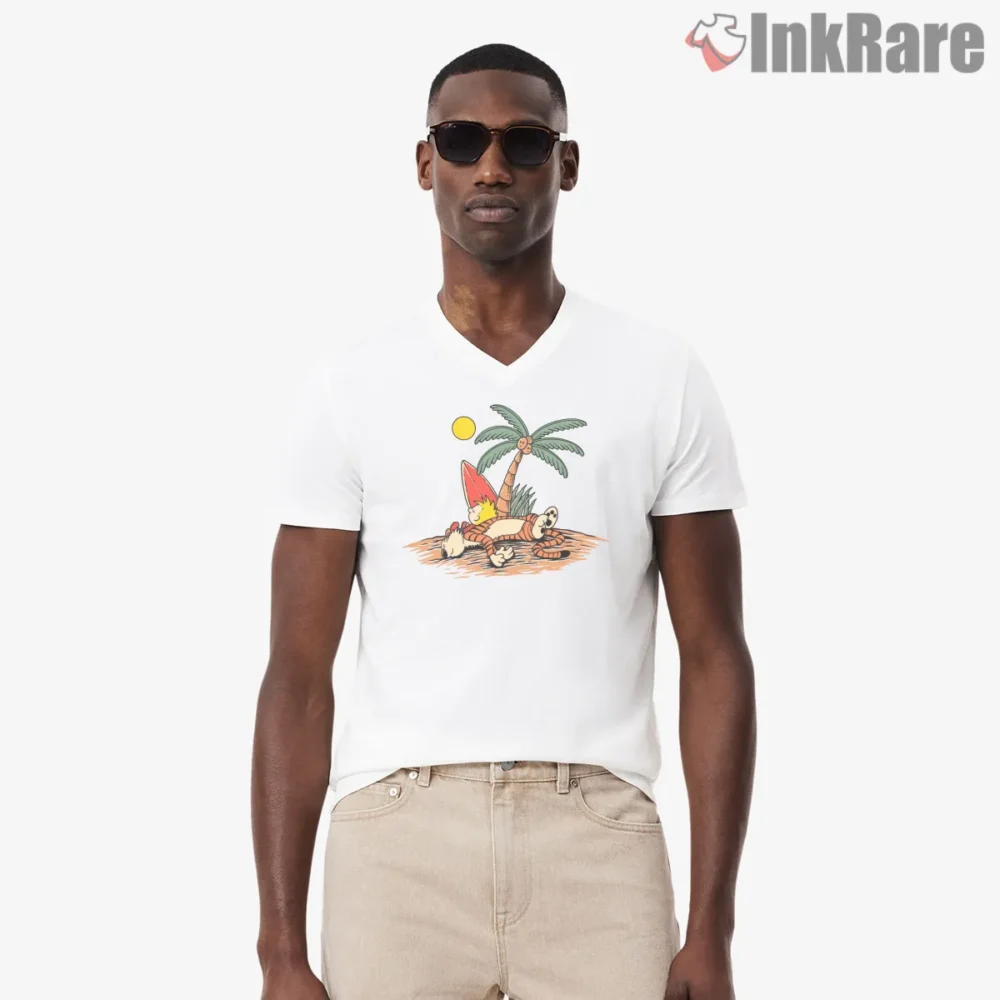 Calvin And Hobbes Beach Nap Dream Shirt on white v-neck shirt for men graphic tee