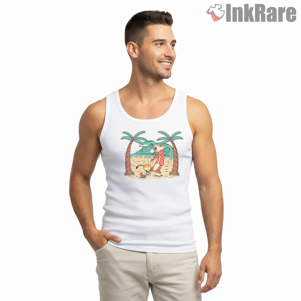 Calvin And Hobbes Beachfront Singing Show Shirt on white tank top for men graphic tee