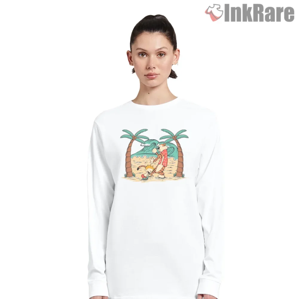 Calvin And Hobbes Beachfront Singing Show Shirt on white long sleeve shirt for women graphic tee