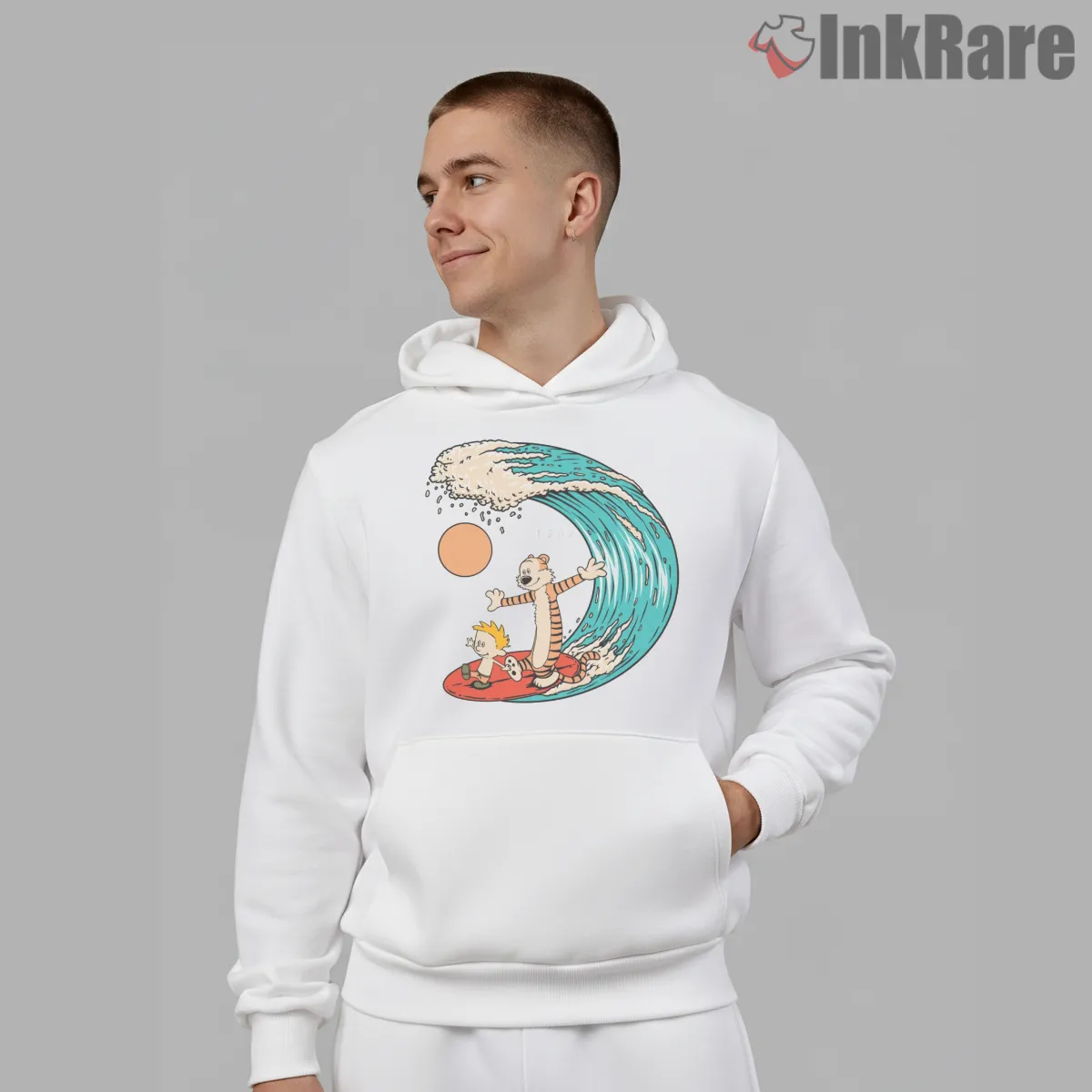 Calvin And Hobbes Big Wave Surfing Shirt on white hoodie for men graphic tee