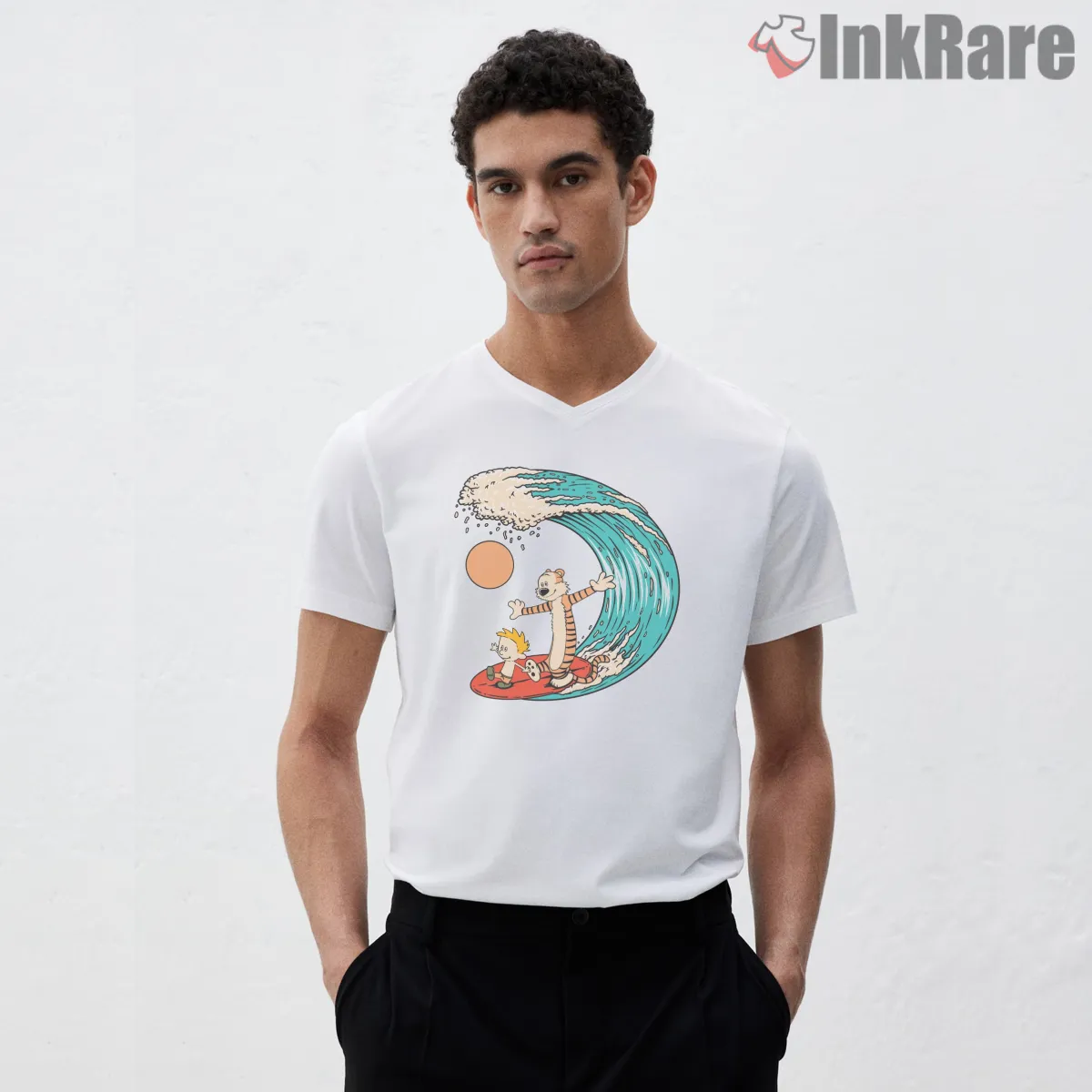 Calvin And Hobbes Big Wave Surfing V Neck White Calvin And Hobbes Big Wave Surfing Shirt on white v-neck shirt for men graphic tee