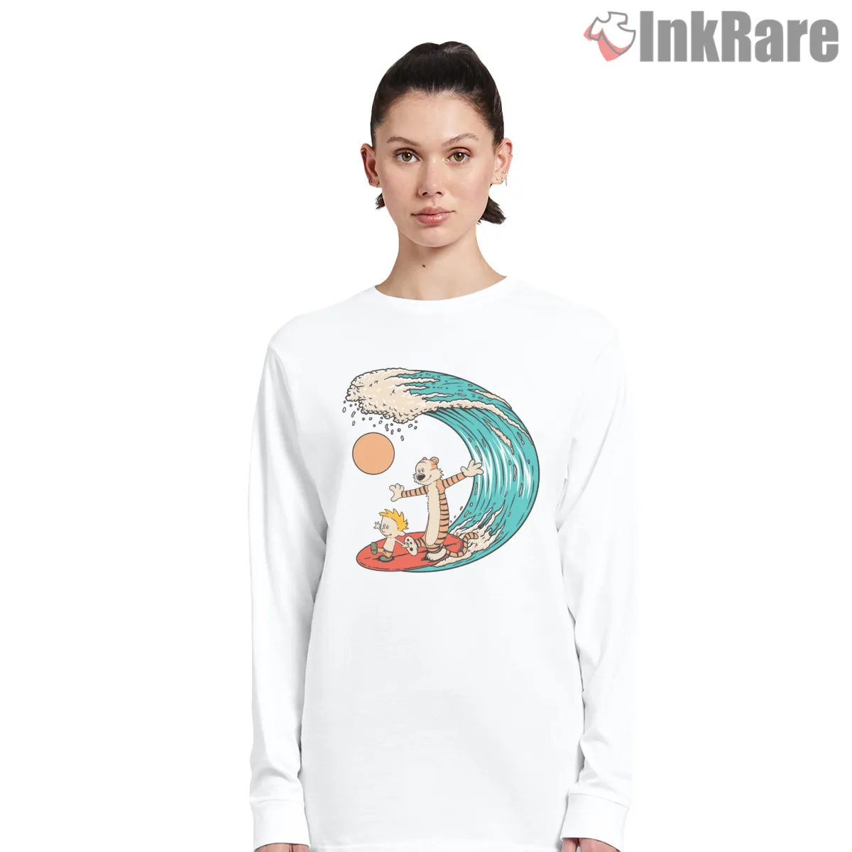 Calvin And Hobbes Big Wave Surfing Long Sleeve White Calvin And Hobbes Big Wave Surfing Shirt on white long sleeve shirt for women graphic tee