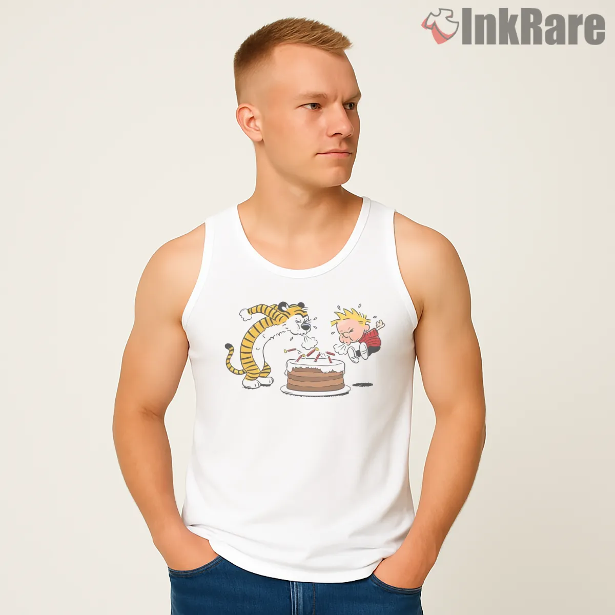 Calvin And Hobbes Birthday Cake Candle Chaos Shirt on white tank top for men graphic tee