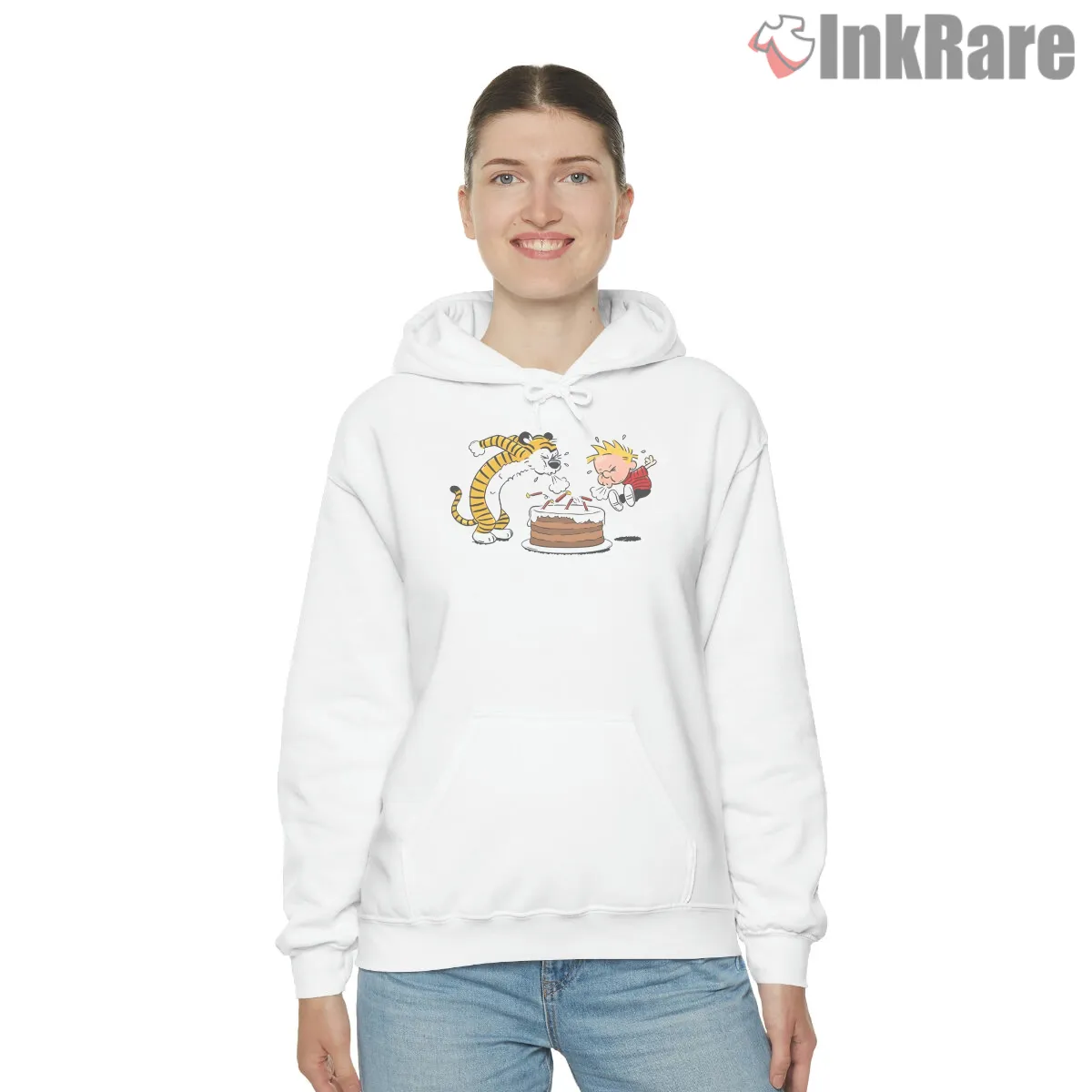 Calvin And Hobbes Birthday Cake Candle Chaos Hoodie White Calvin And Hobbes Birthday Cake Candle Chaos Shirt on white hoodie for women graphic tee