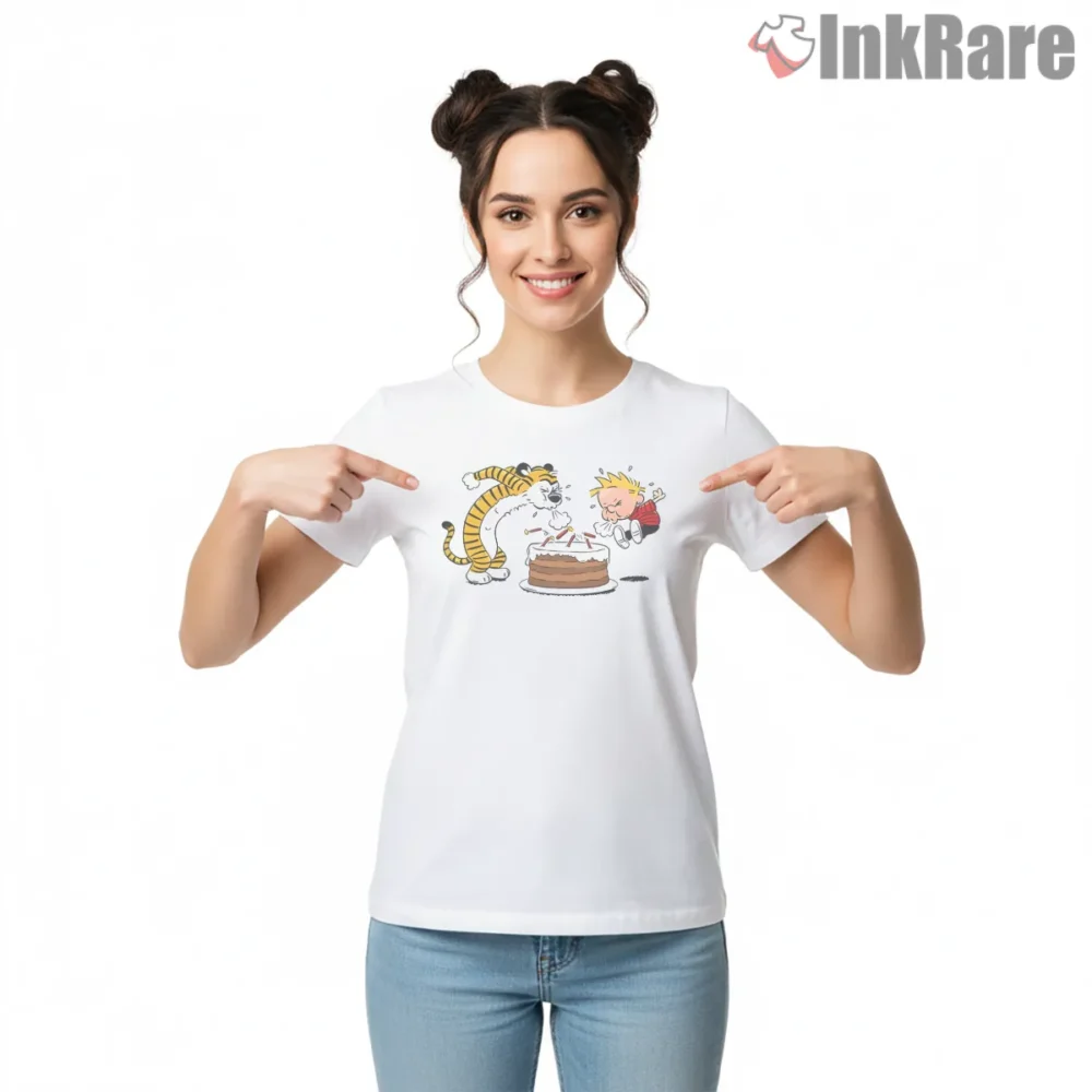Calvin And Hobbes Birthday Cake Candle Chaos Shirt on white short sleeve shirt for women graphic tee