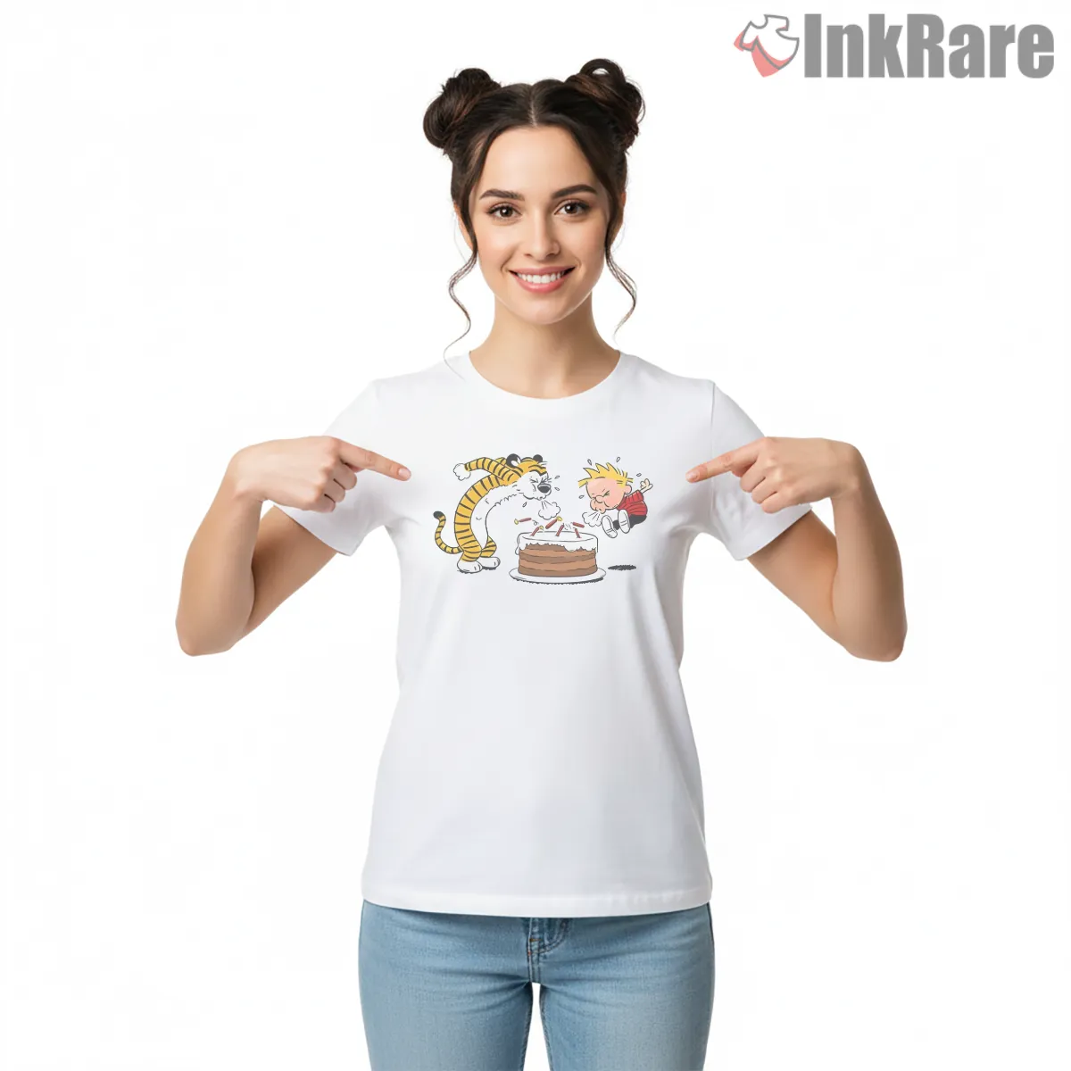 Calvin And Hobbes Birthday Cake Candle Chaos Short Sleeve White Calvin And Hobbes Birthday Cake Candle Chaos Shirt on white short sleeve shirt for women graphic tee