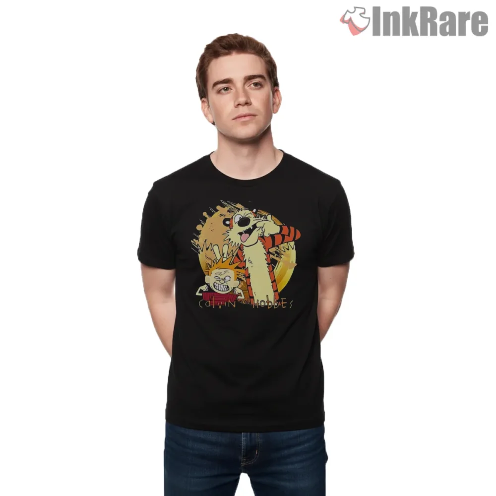 Calvin And Hobbes Buddy Laugh Circle Shirt on black short sleeve shirt for men graphic tee