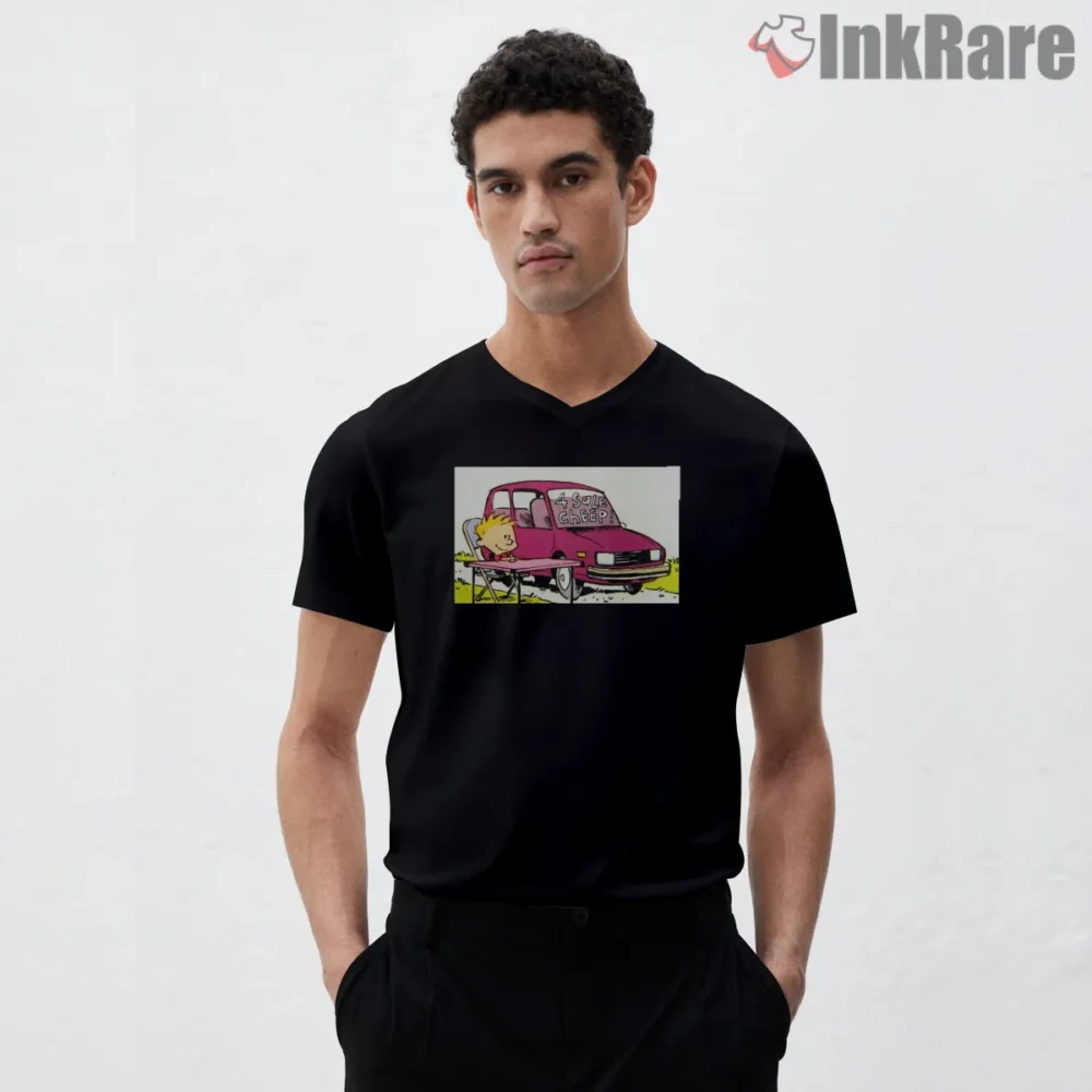Calvin And Hobbes Cheep Car Sale Shirt on black v-neck shirt for men graphic tee