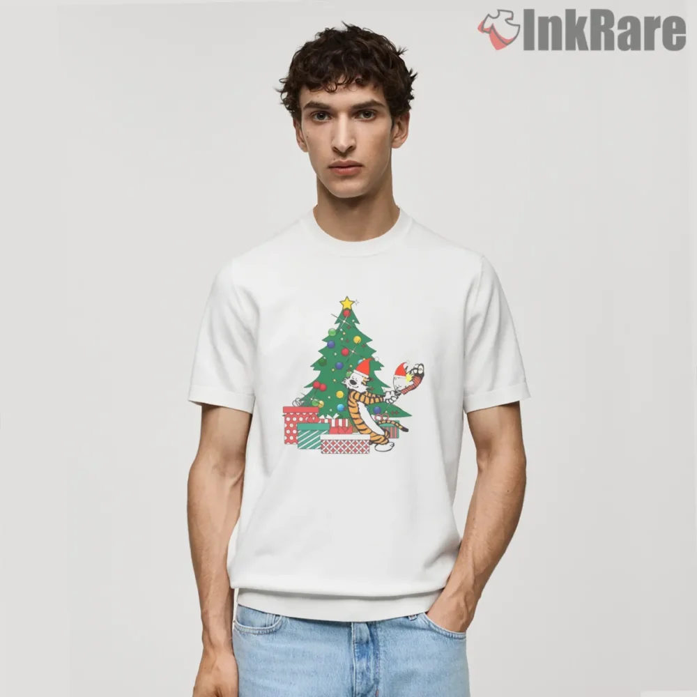 Calvin And Hobbes Christmas Tree Mischief Shirt on white short sleeve shirt for men graphic tee