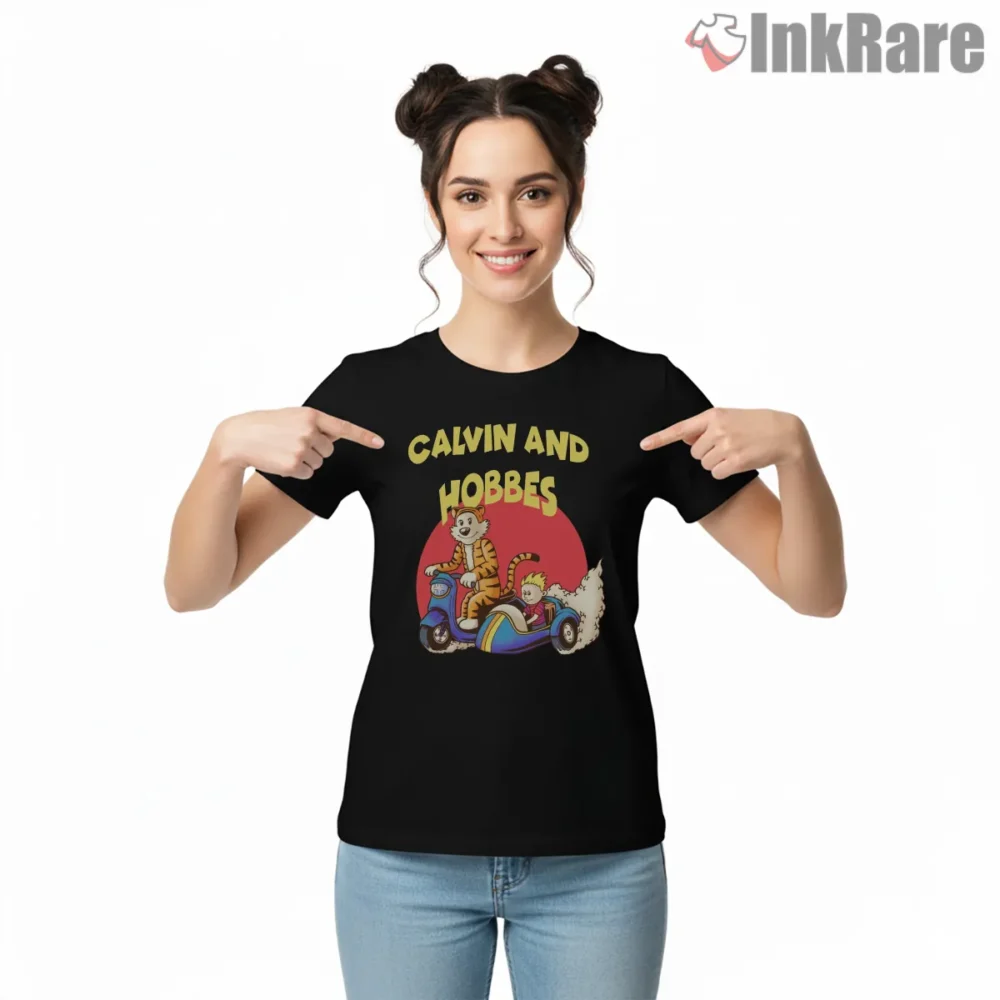 Calvin And Hobbes Colorful Sidecar Racer Shirt on black short sleeve shirt for women graphic tee