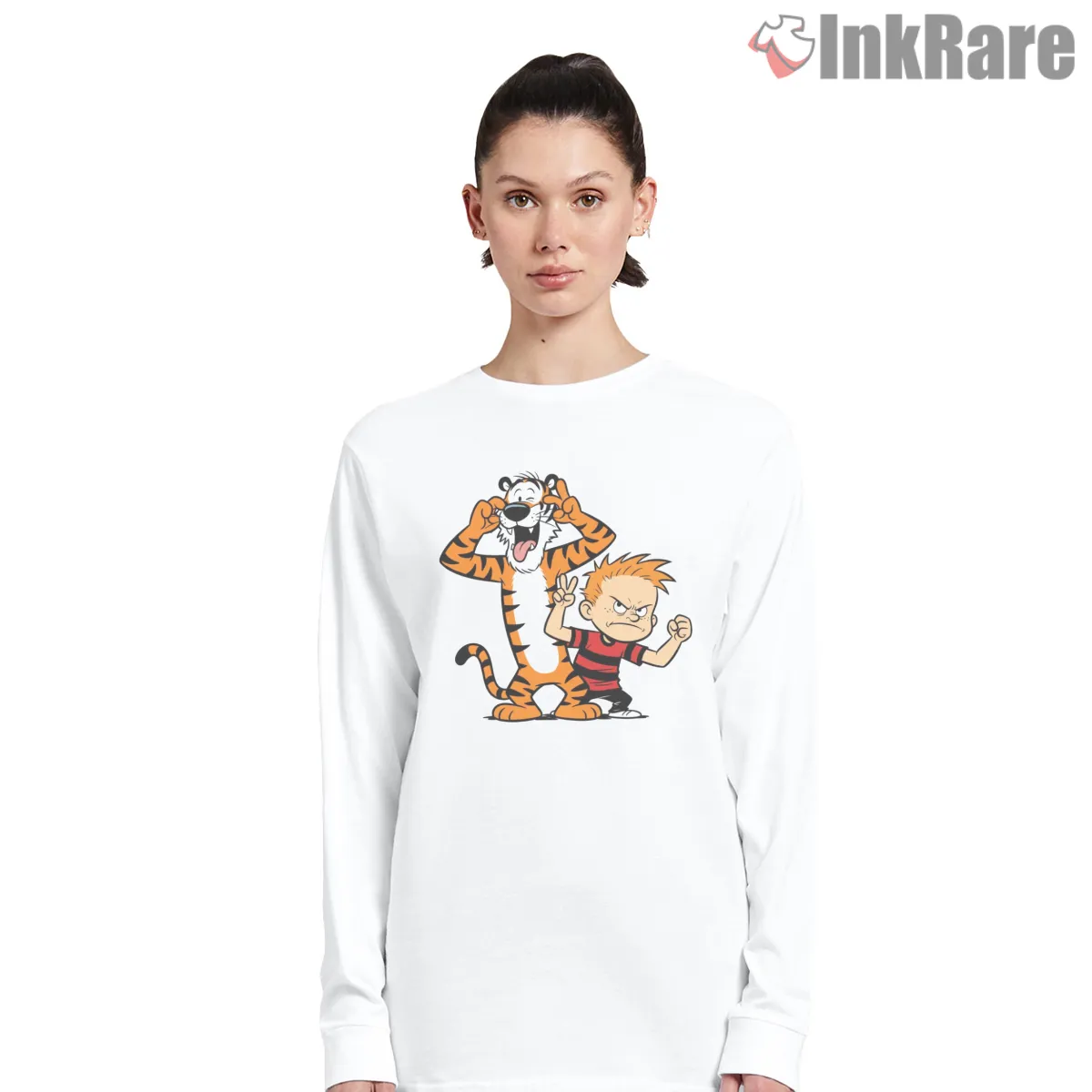 Calvin And Hobbes Comic Temper Tantrum Long Sleeve White Calvin And Hobbes Comic Temper Tantrum Shirt on white long sleeve shirt for women graphic tee