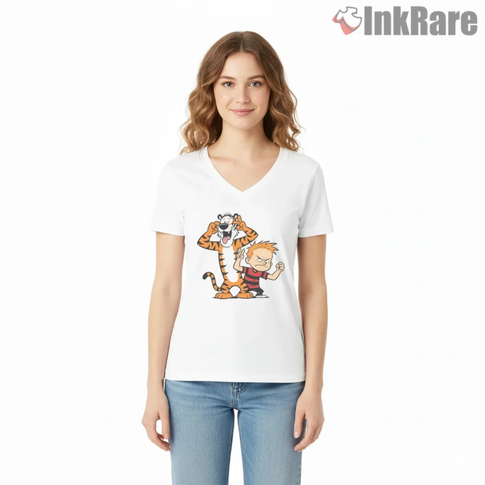 Calvin And Hobbes Comic Temper Tantrum Shirt on white v-neck shirt for women graphic tee