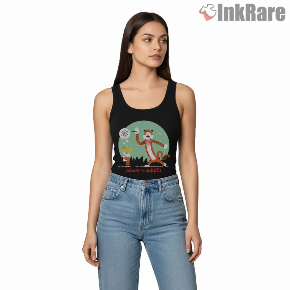 Calvin And Hobbes Cosmic Adventureland Shirt on black tank top for women graphic tee