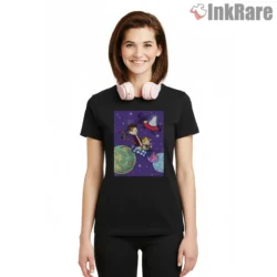 Calvin And Hobbes Cosmic Bathtub Adventure Shirt on black short sleeve shirt for women graphic tee