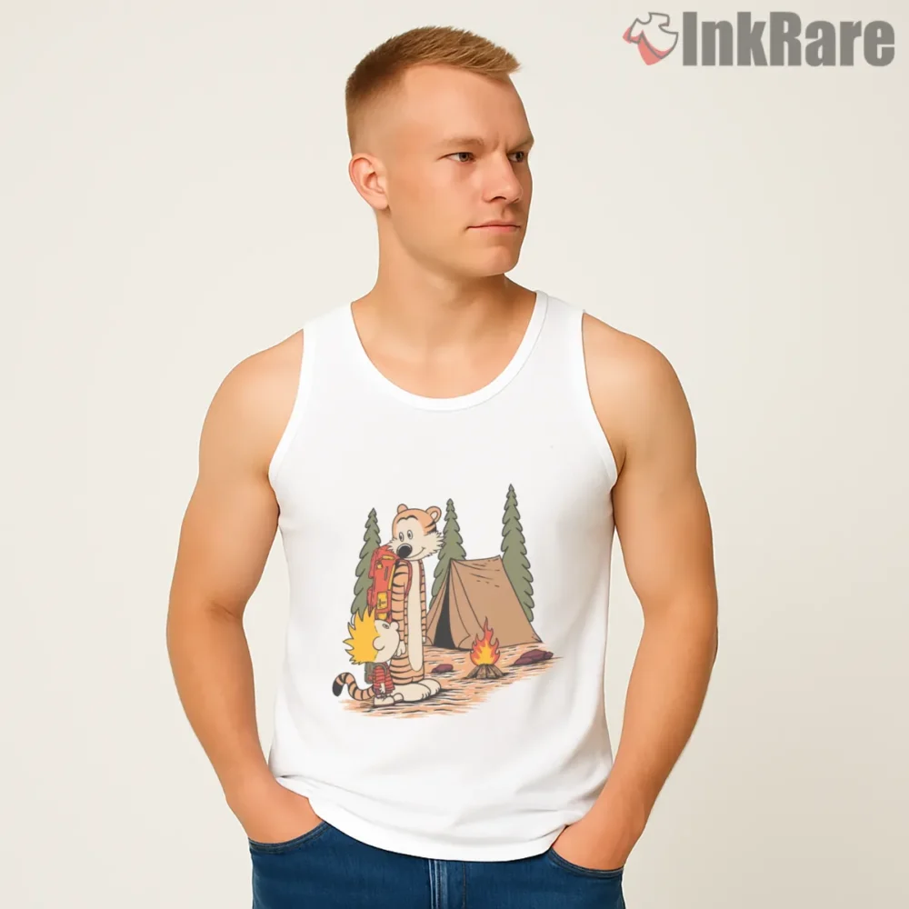 Calvin And Hobbes Cozy Campfire Night Shirt on white tank top for men graphic tee