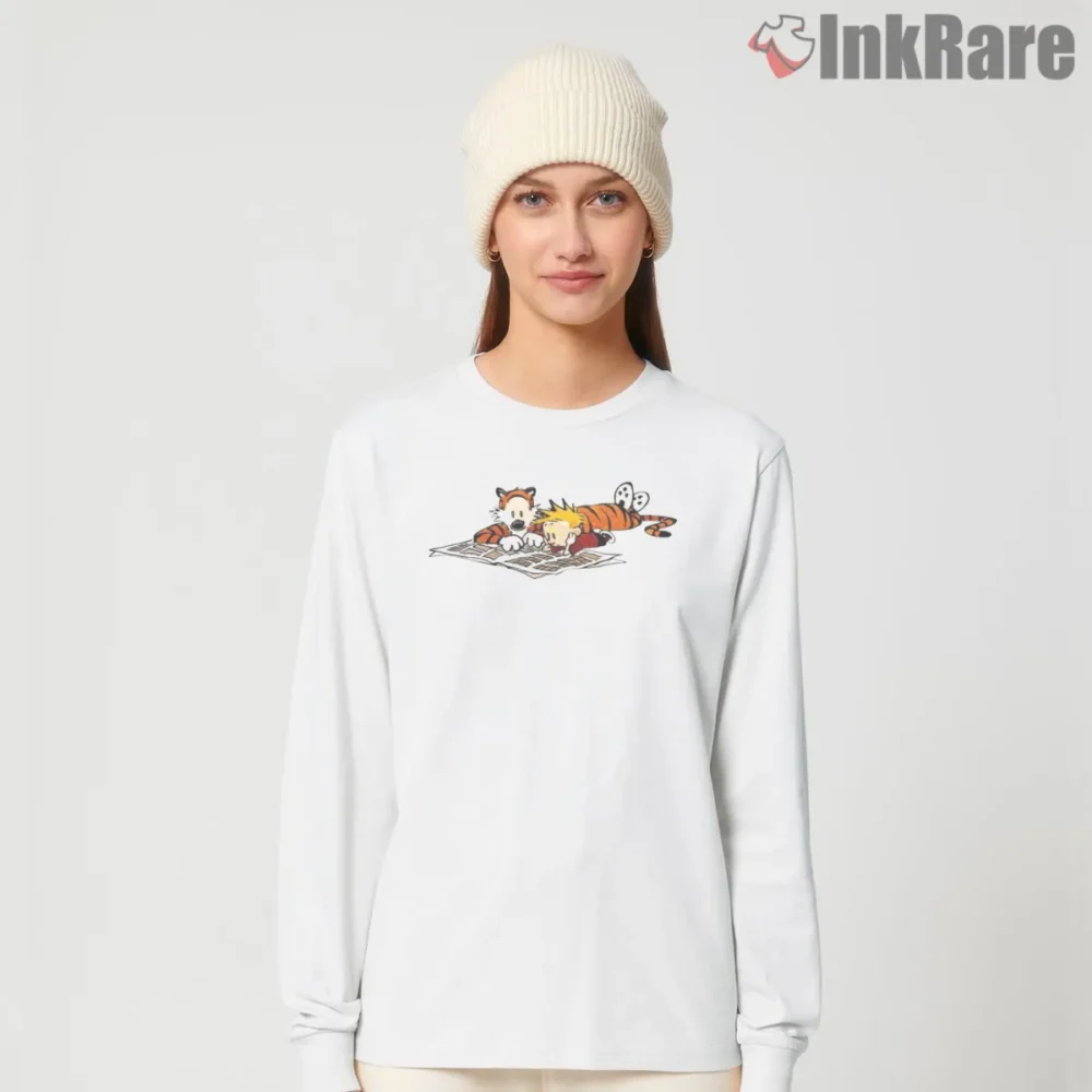 Calvin And Hobbes Cozy Comic Reading Shirt on white long sleeve shirt for women graphic tee