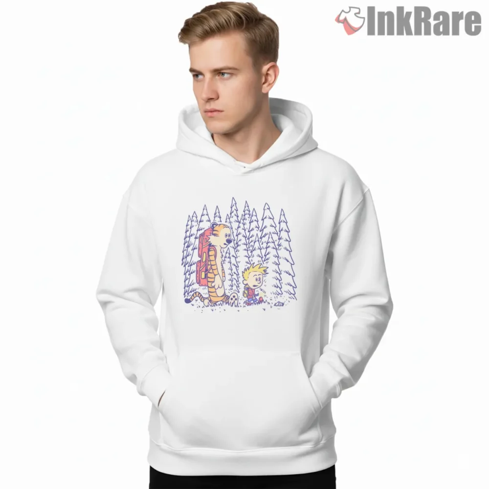 Calvin And Hobbes Forest Backpack Trek Shirt on white hoodie for men graphic tee