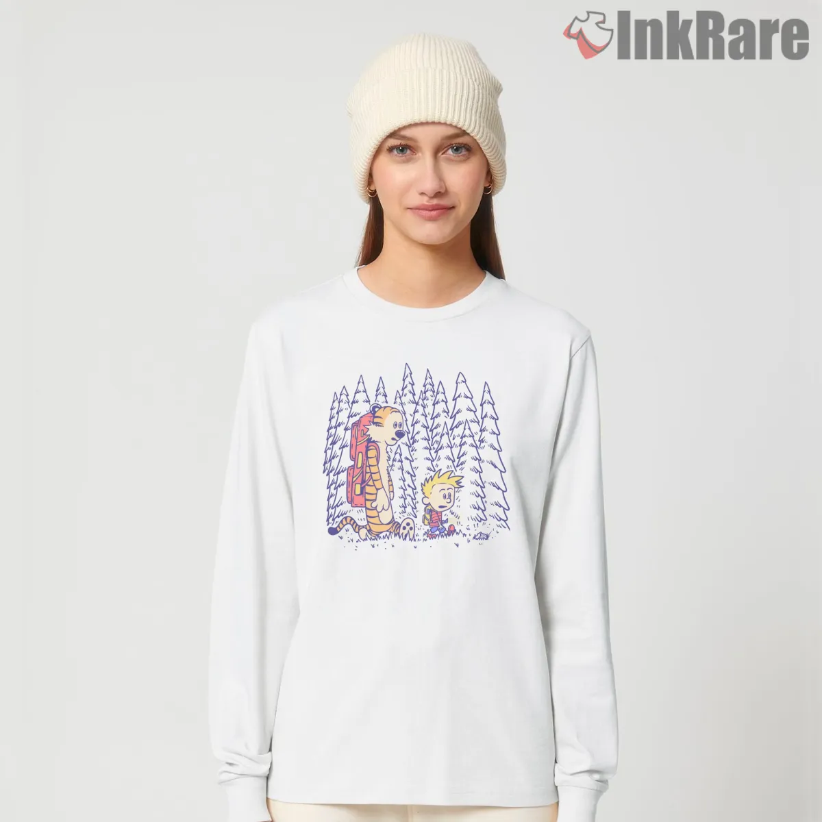 Calvin And Hobbes Forest Backpack Trek Long Sleeve White Calvin And Hobbes Forest Backpack Trek Shirt on white long sleeve shirt for women graphic tee