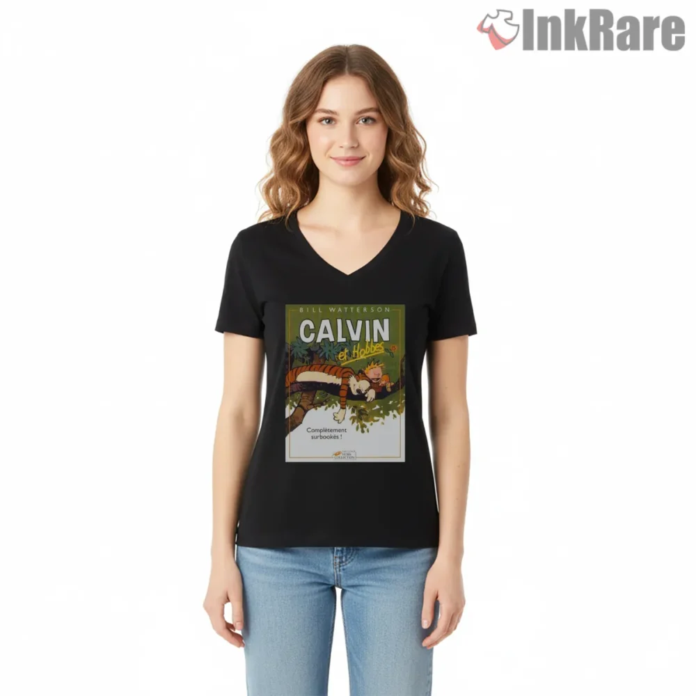 Calvin And Hobbes French Book Cover Tribute Shirt on black v-neck shirt for women graphic tee