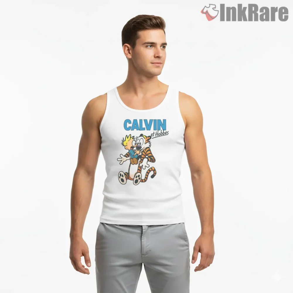Calvin And Hobbes French Title Hug Shirt on white tank top for men graphic tee