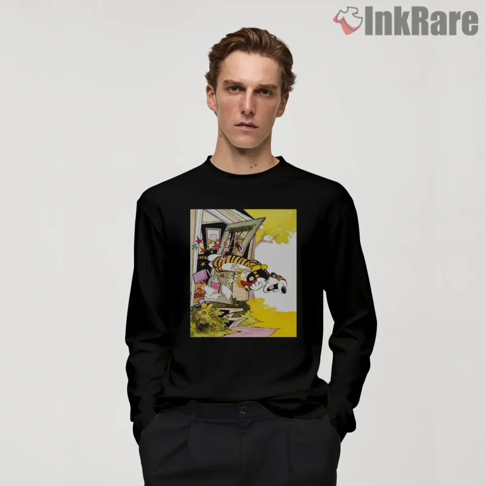 Calvin And Hobbes Front Door Crash Shirt on black long sleeve shirt for men graphic tee