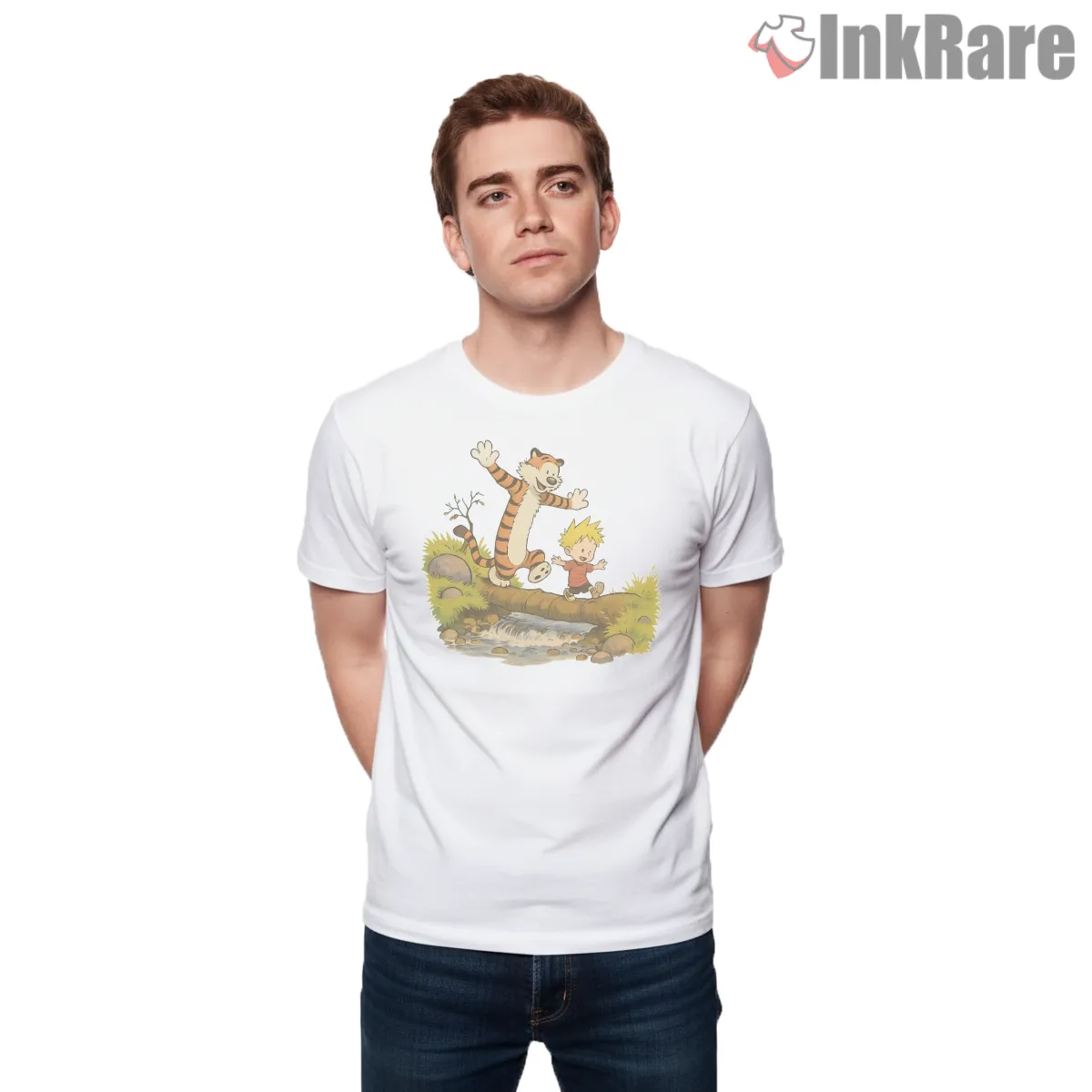 Calvin And Hobbes Gentle River Log Walk Shirt on white short sleeve shirt for men graphic tee