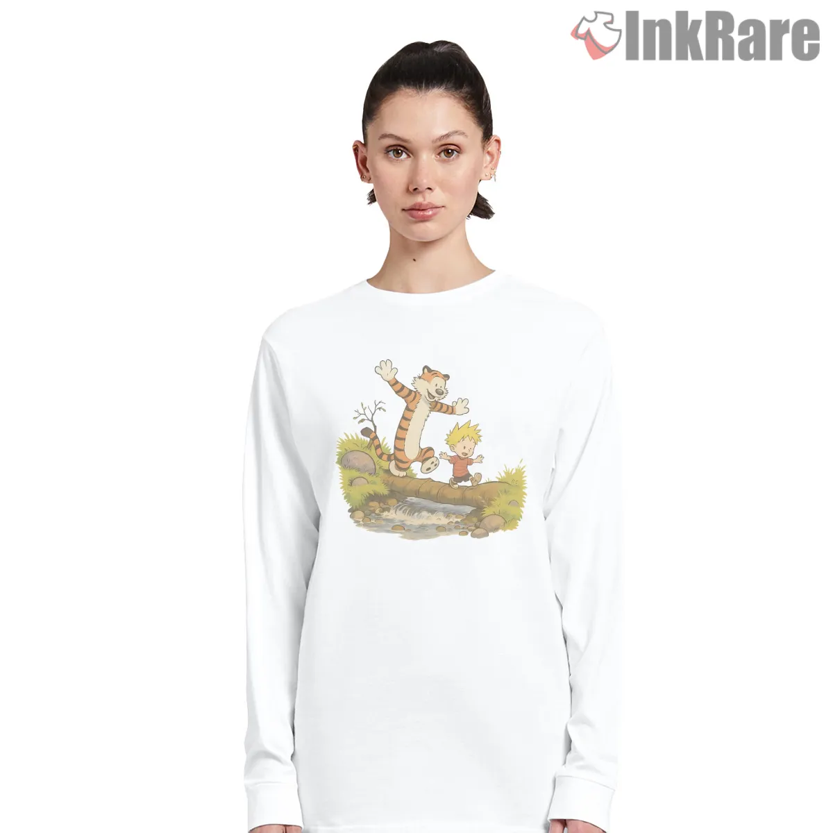 Calvin And Hobbes Gentle River Log Walk Long Sleeve White Calvin And Hobbes Gentle River Log Walk Shirt on white long sleeve shirt for women graphic tee