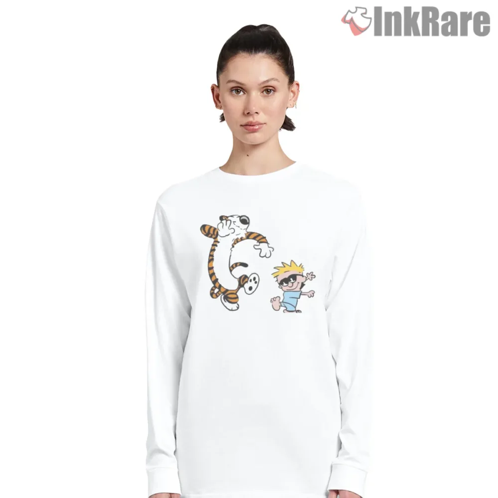 Calvin And Hobbes Happy Dance Friends Shirt on white long sleeve shirt for women graphic tee