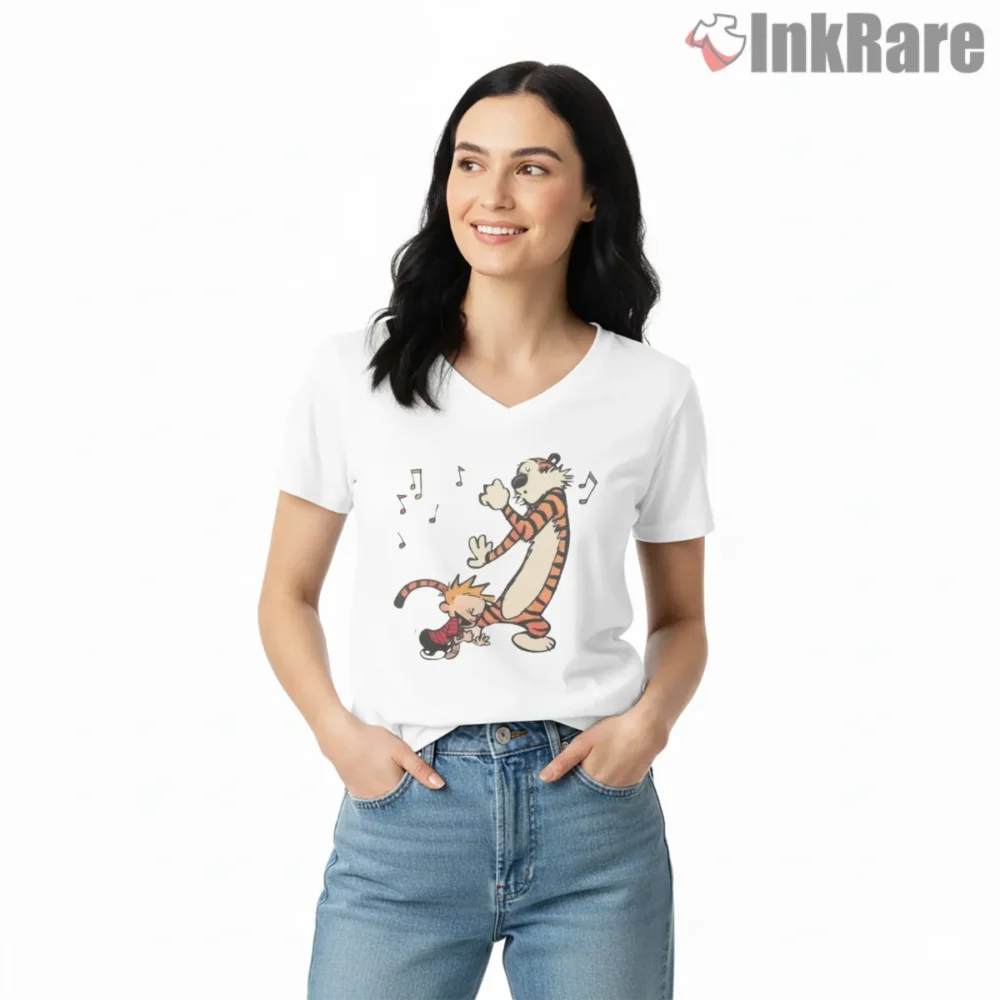 Calvin And Hobbes Happy Music Dance Shirt on white v-neck shirt for women graphic tee