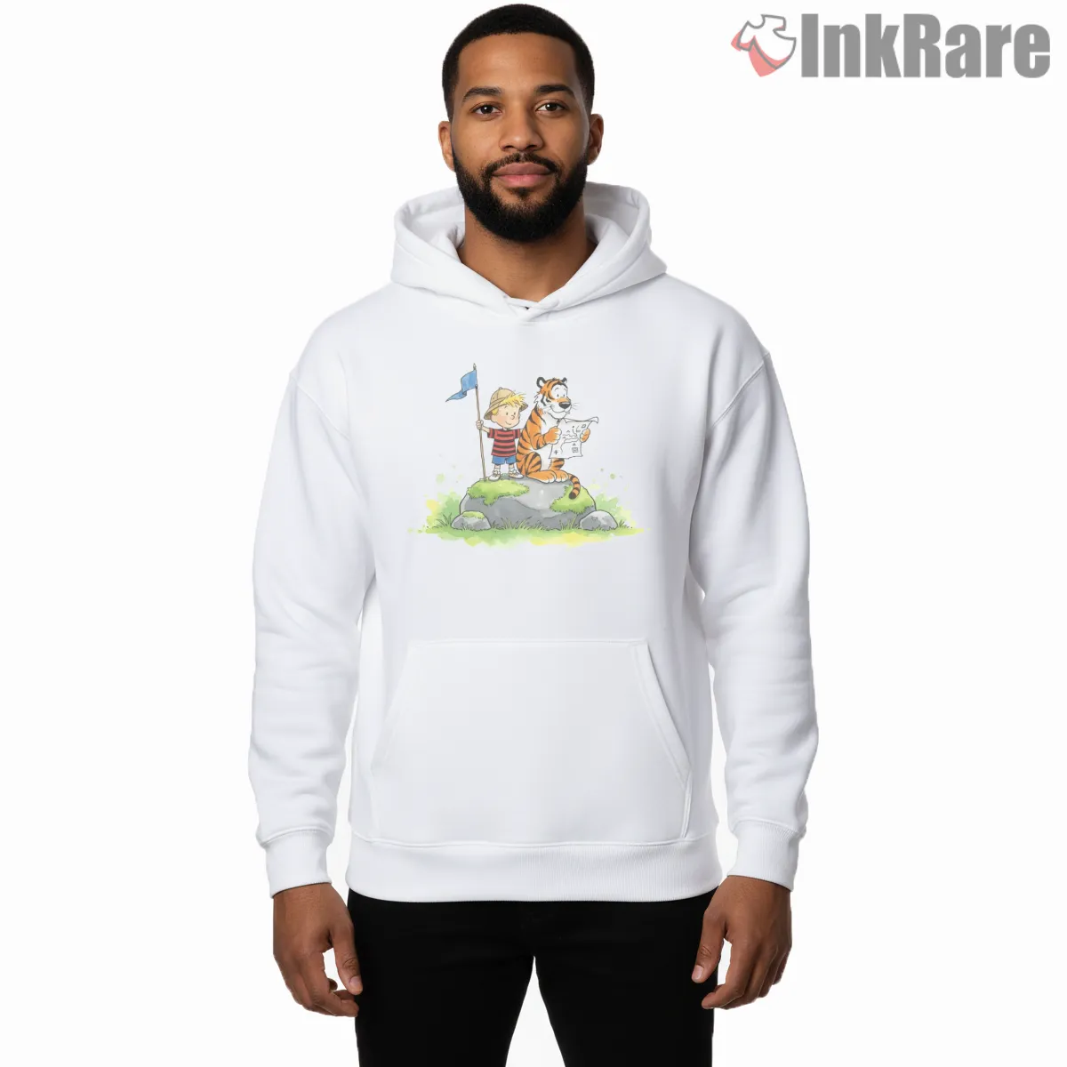 Calvin And Hobbes Hilltop Exploration Shirt on white hoodie for men graphic tee
