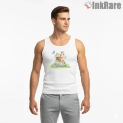 Calvin And Hobbes Hilltop Exploration Shirt on white tank top for men graphic tee