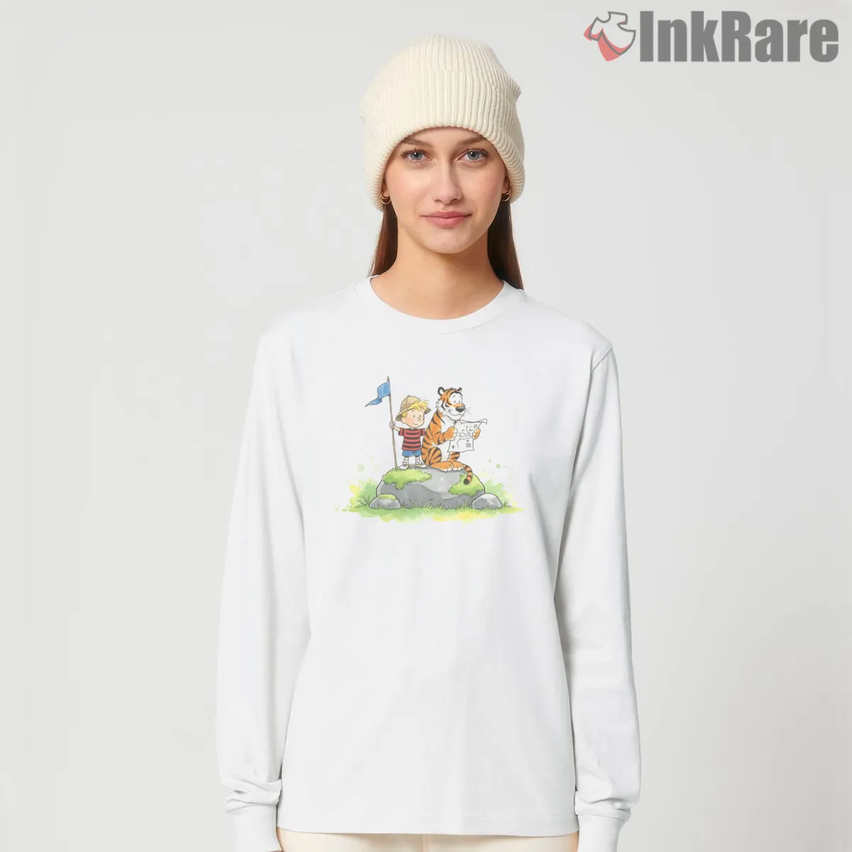 Calvin And Hobbes Hilltop Exploration Long Sleeve White Calvin And Hobbes Hilltop Exploration Shirt on white long sleeve shirt for women graphic tee