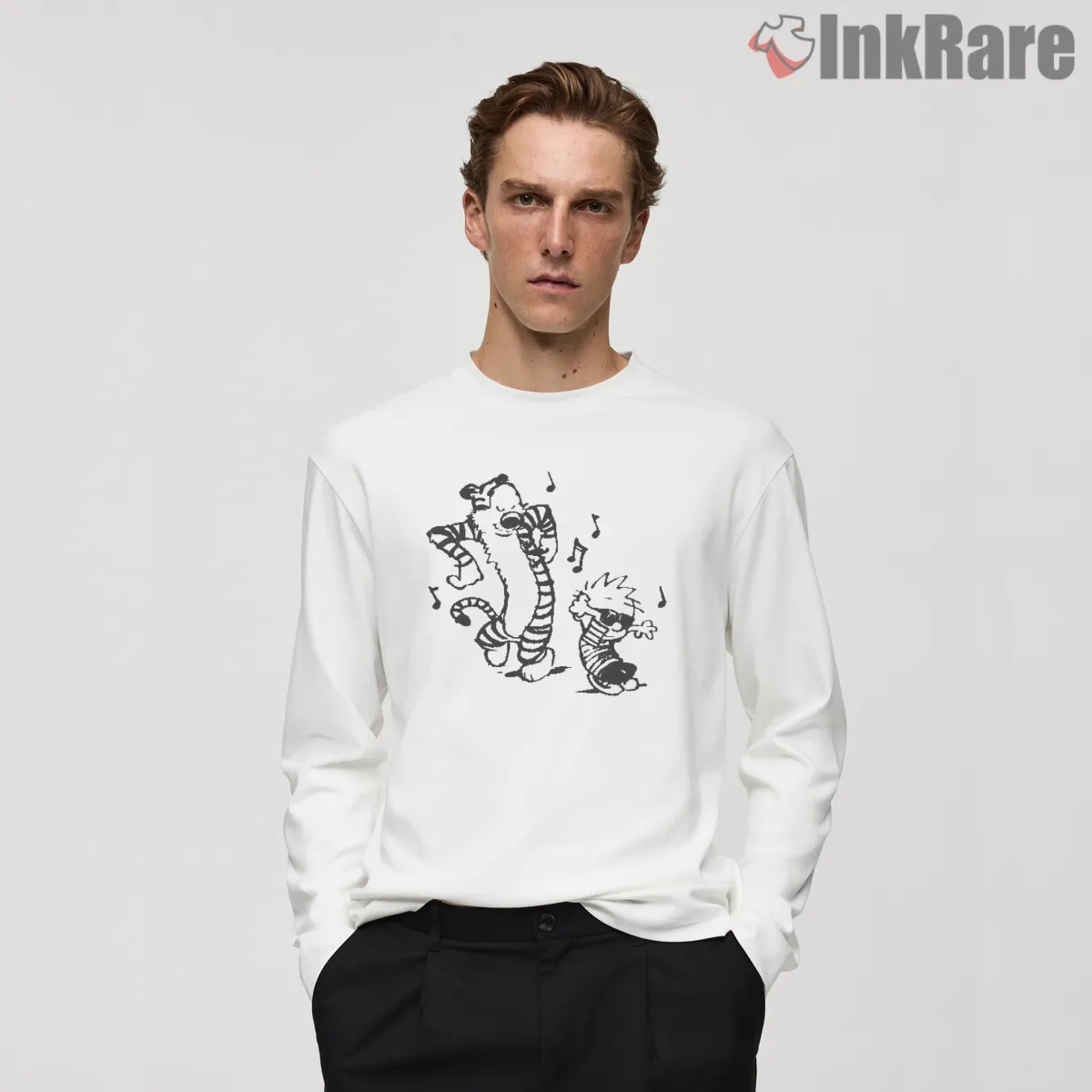 Calvin And Hobbes Holiday Dance Cheer Shirt on white long sleeve shirt for men graphic tee