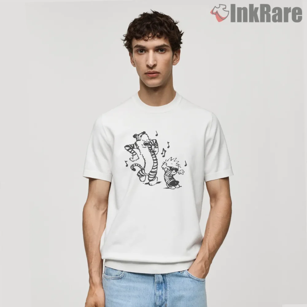 Calvin And Hobbes Holiday Dance Cheer Shirt on white short sleeve shirt for men graphic tee