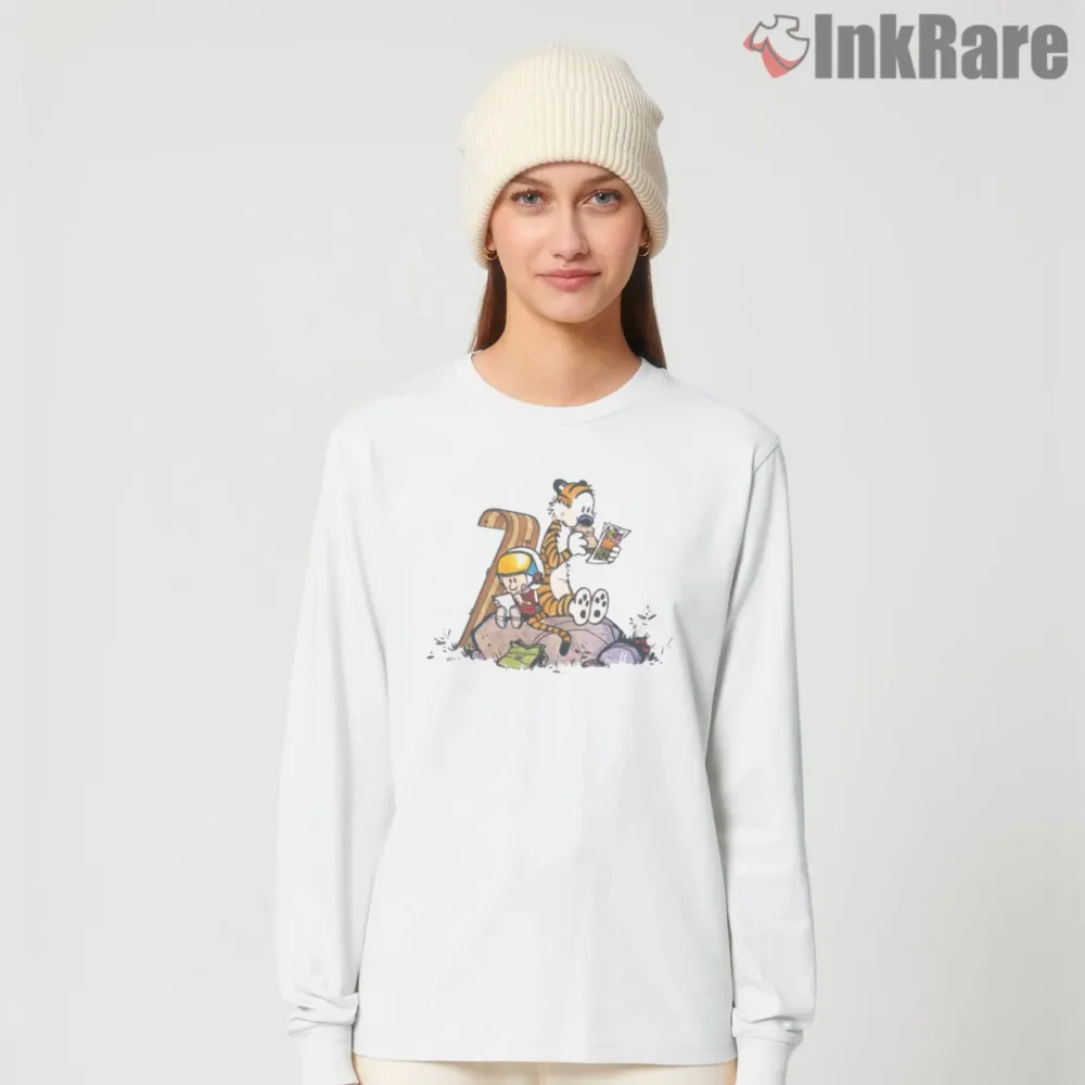 Calvin And Hobbes Imaginative Explorer Friends Shirt on white long sleeve shirt for women graphic tee
