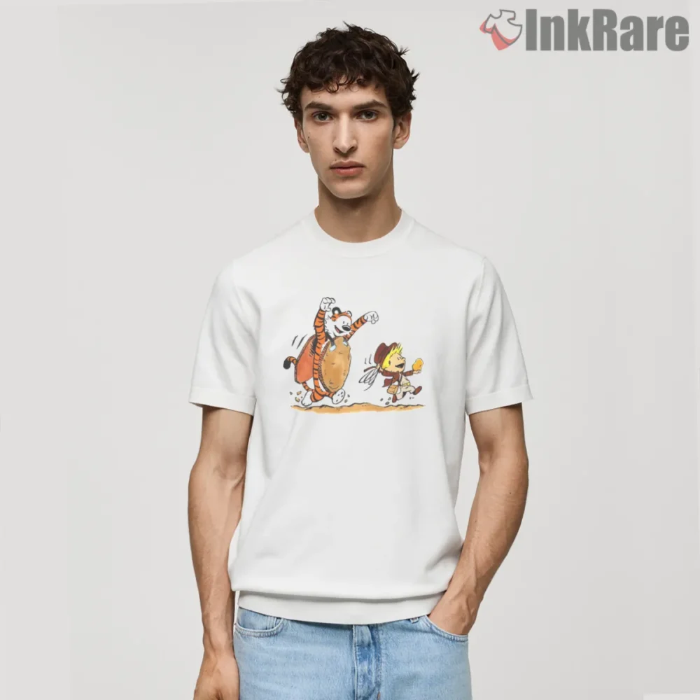 Calvin And Hobbes Indiana Adventure Buddies Shirt on white short sleeve shirt for men graphic tee