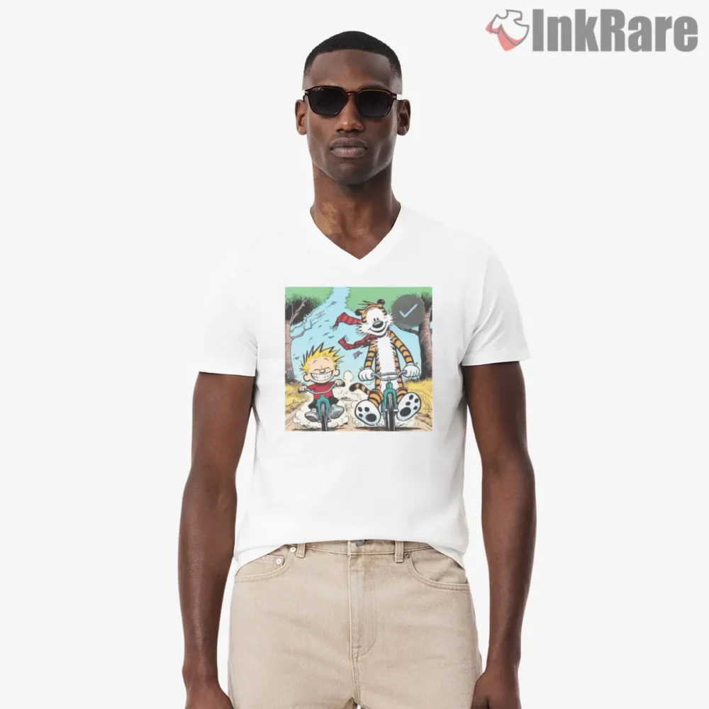 Calvin And Hobbes Joyful Bike Ride Shirt on white v-neck shirt for men graphic tee