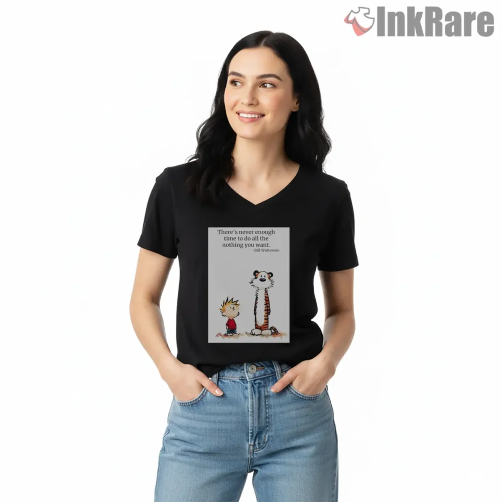 Calvin And Hobbes Kid Plush Tiger Quote Shirt on black v-neck shirt for women graphic tee
